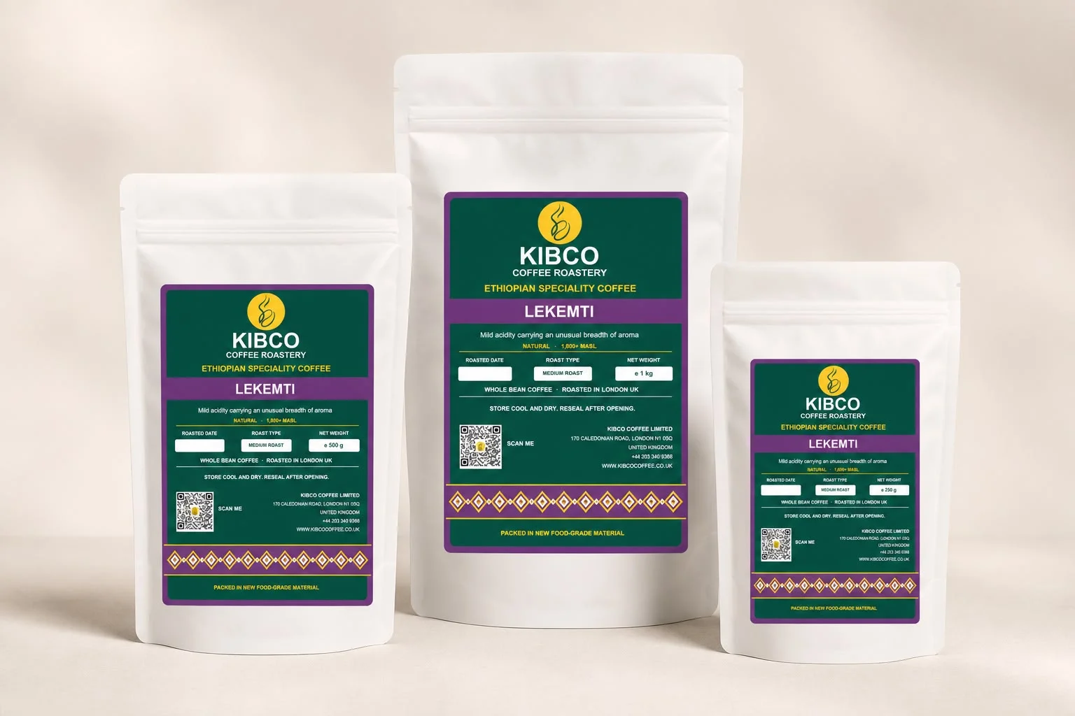 Lekemti coffee in KIBCO's three retail bag sizes