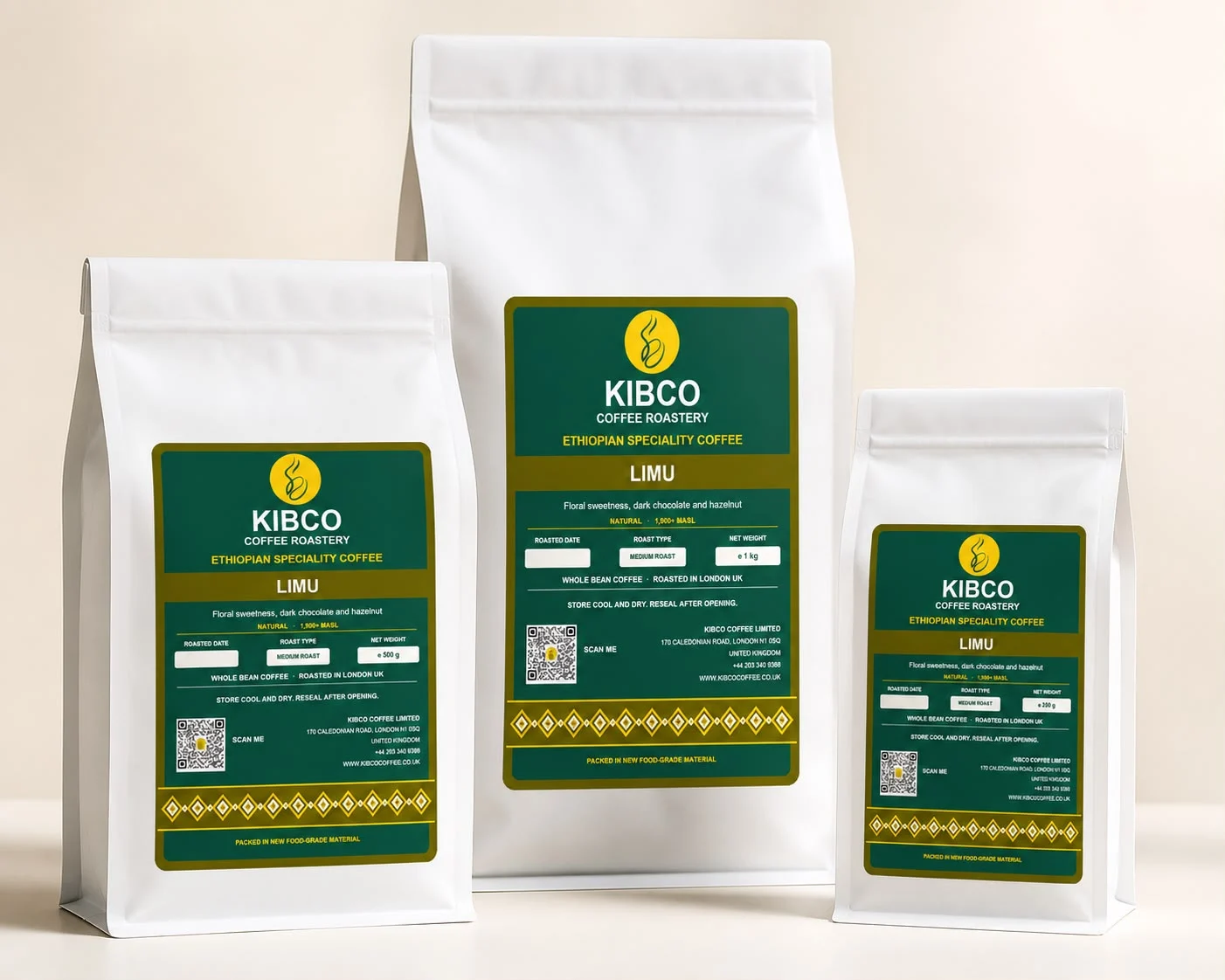 Limu coffee in KIBCO's three wholesale-ready retail bag sizes